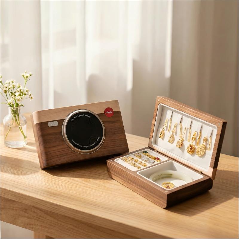Walnut Camera Jewelry Box, 18-Step Hand-Polished