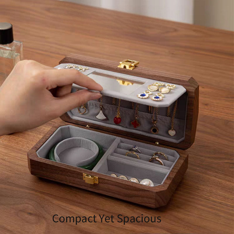 Solid Walnut Travel Jewelry Box with Built-In Mirror