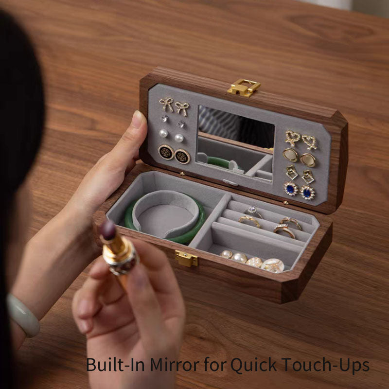 Solid Walnut Travel Jewelry Box with Built-In Mirror