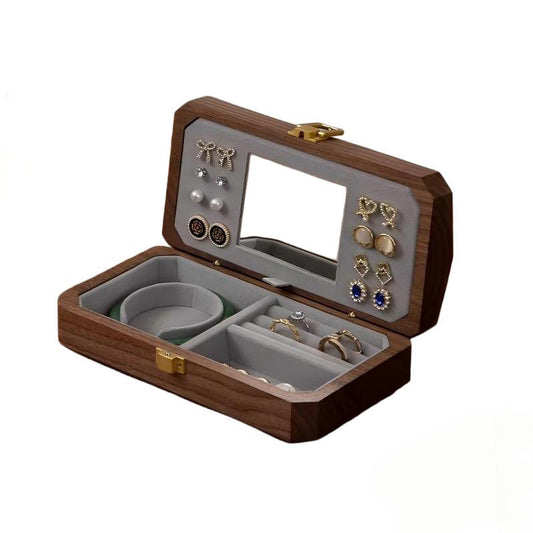 Solid Walnut Travel Jewelry Box with Built-In Mirror