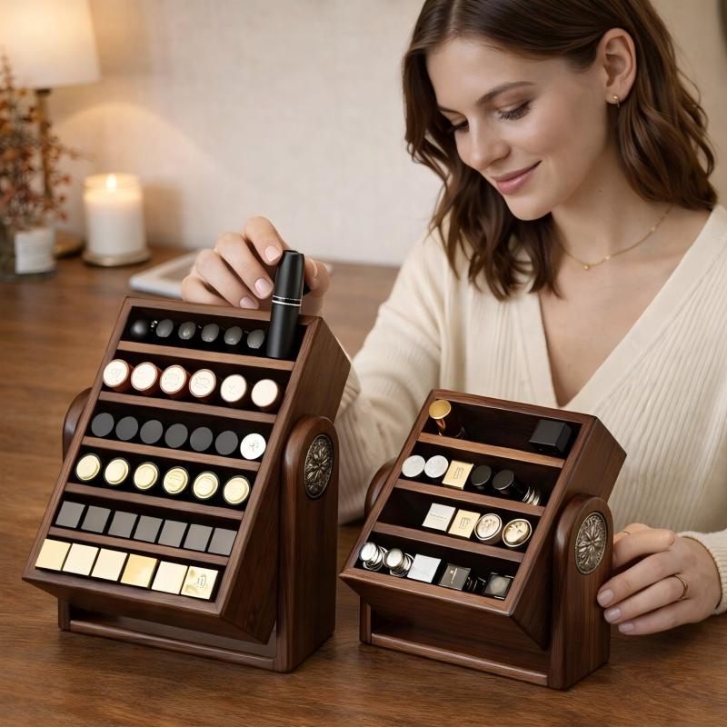 Rotating Teak Makeup & Desk Storage Solution