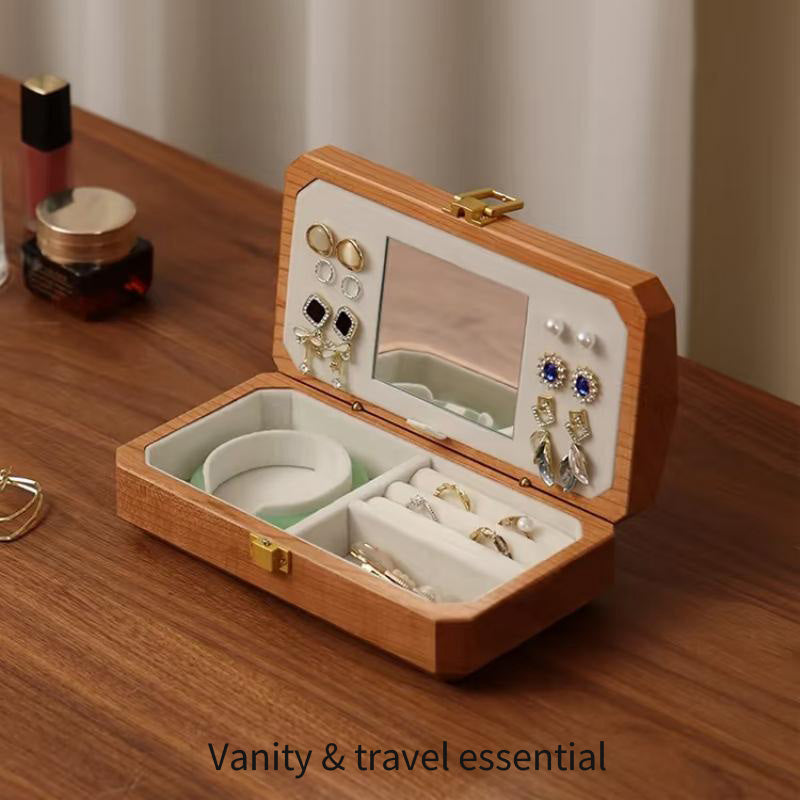 Solid Walnut Travel Jewelry Box with Built-In Mirror